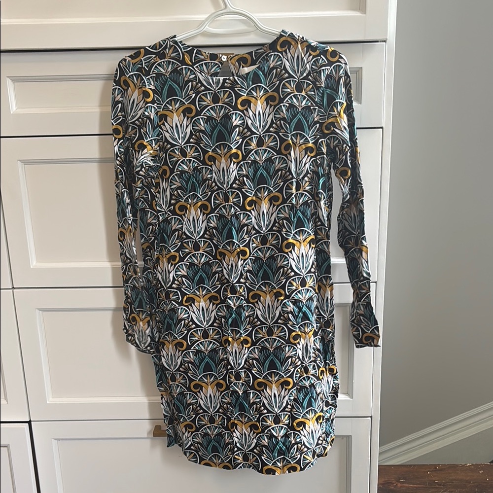 H&M Blue and Yellow Long Sleeve Sheath Dress